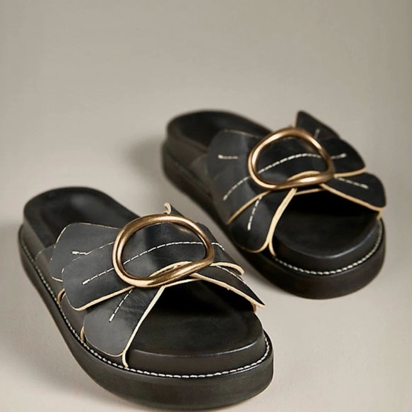 Anthropologie Farm Rio Daisy Slide Sandals Platform Flatform Black - Picture 2 of 8